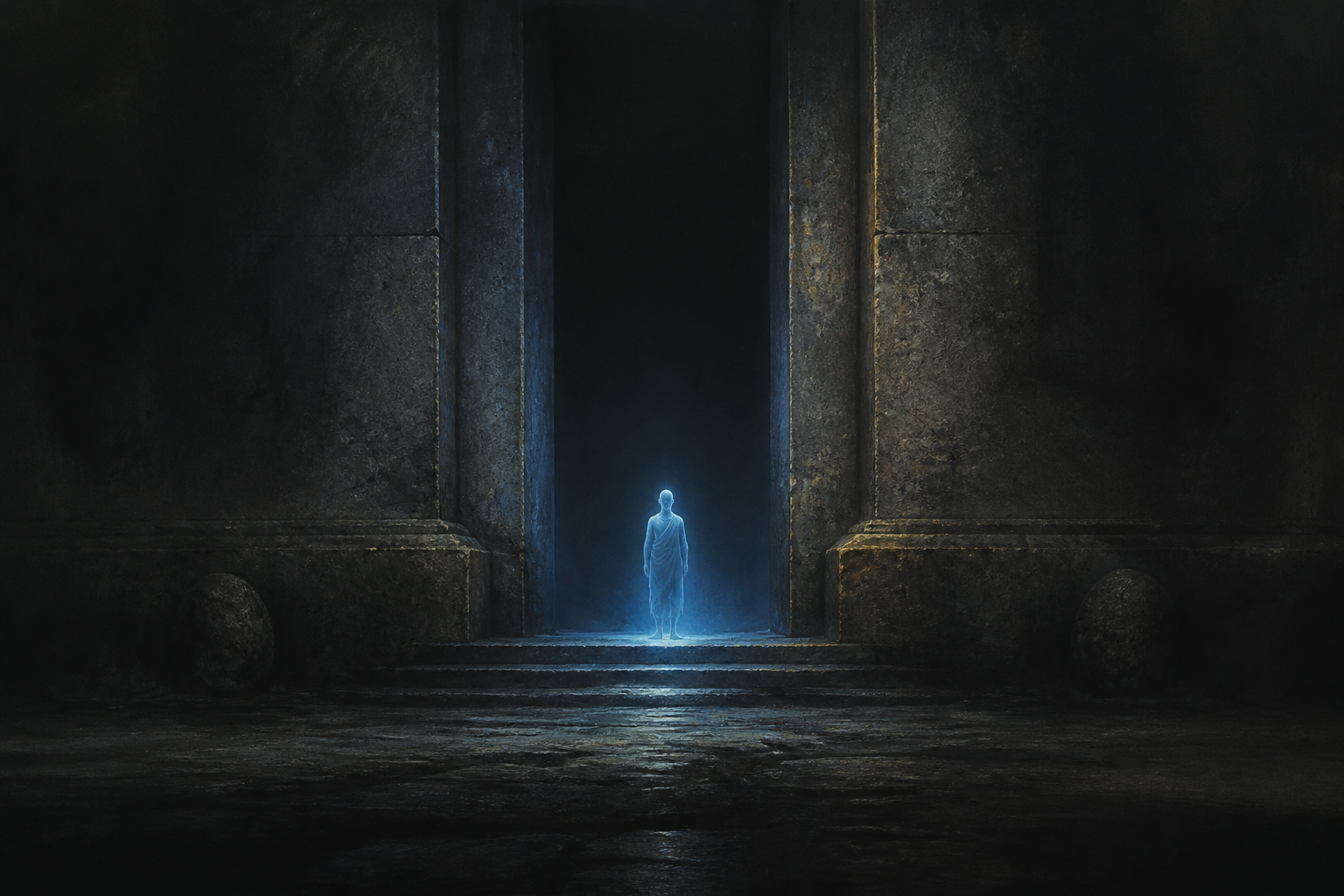 A small blue-glowing figure standing at a dark stone threshold.